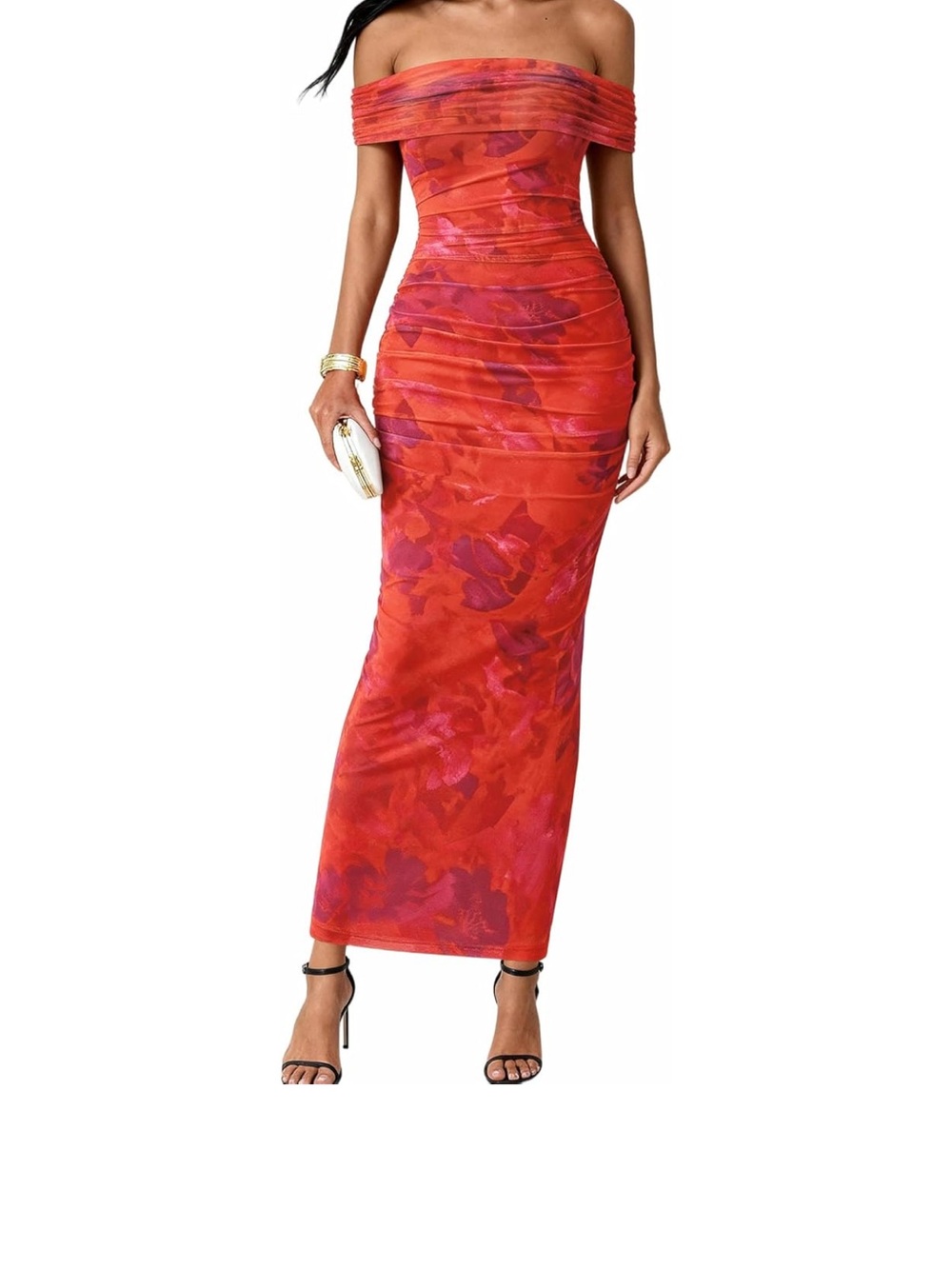 Amazon Red Off-Shoulder Floral Maxi Dress